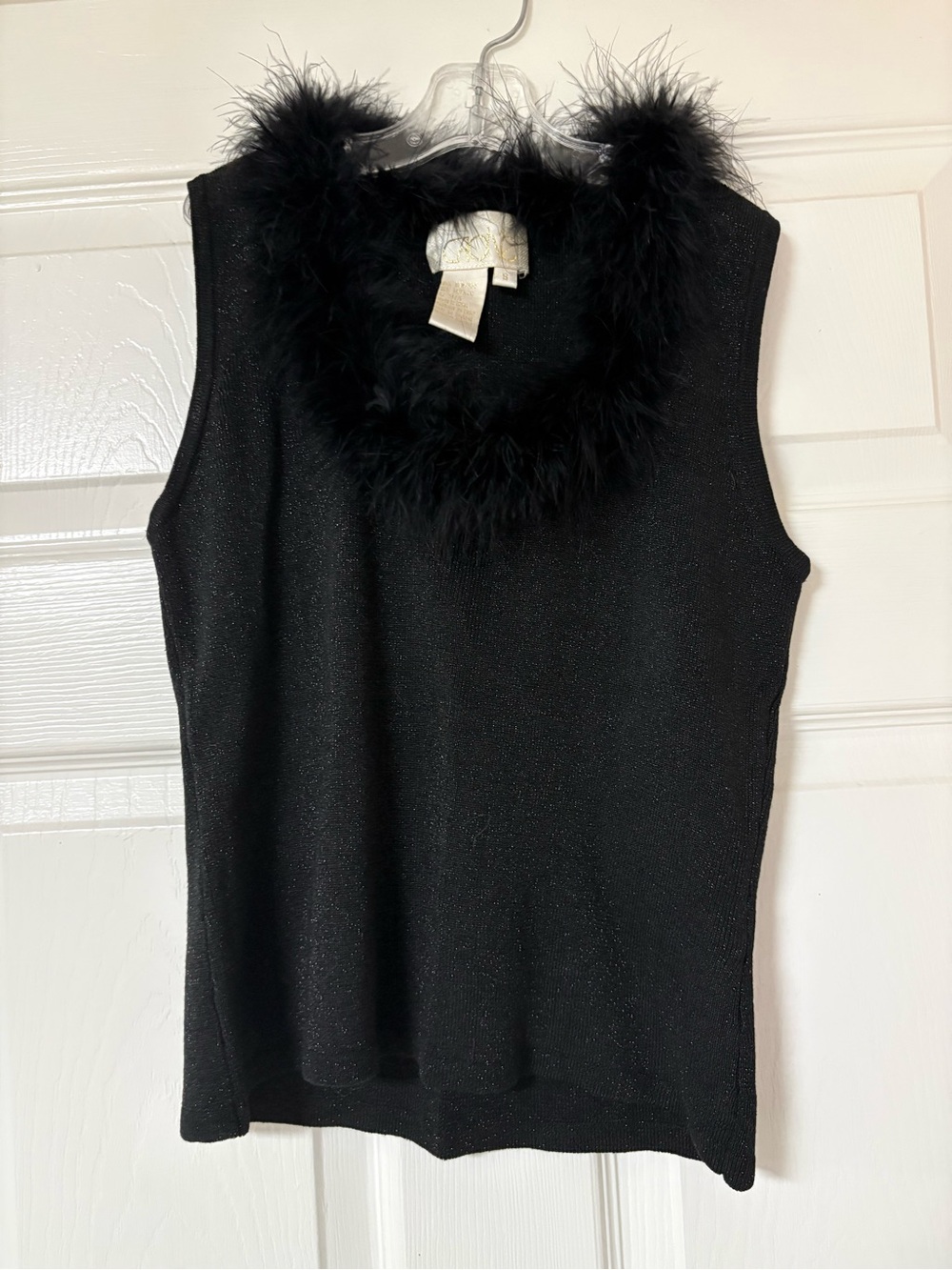 Black Sleeveless Feather-Trim Sparkle Vintage Top Small